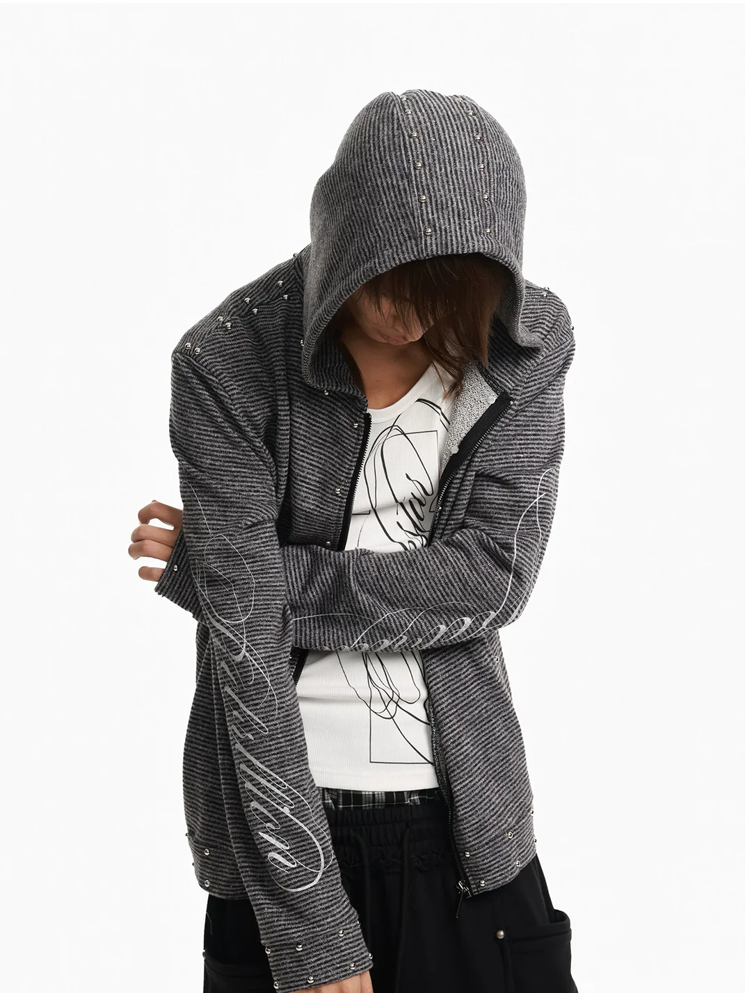 Rebrllion | Striped Studded Star Script Zip-Up Hoodie