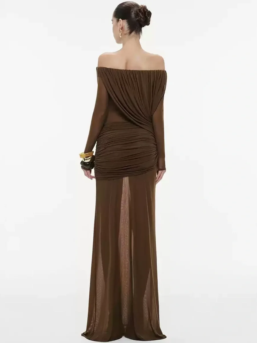 GDNH | Off-Shoulder Ruched Mesh Slim-Fit Maxi Dress - 2