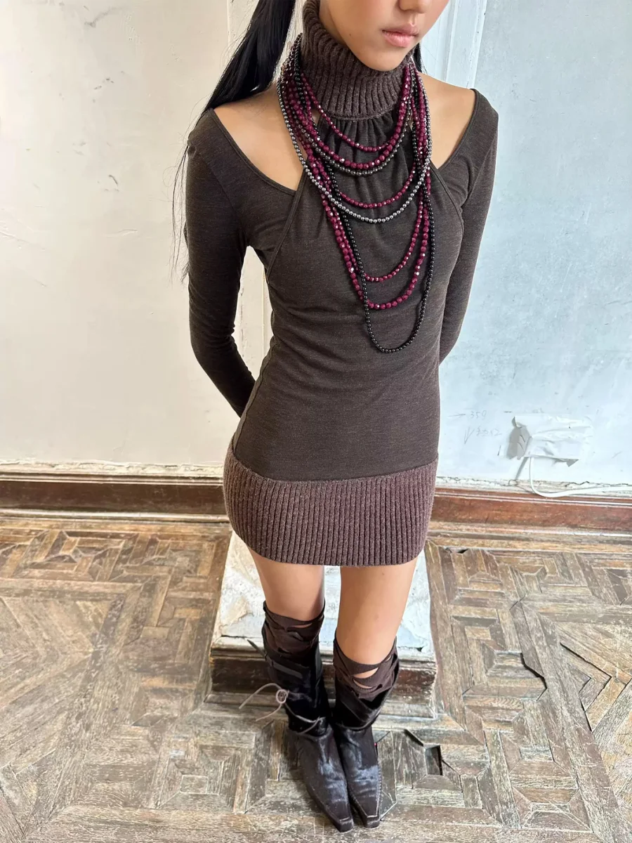 HOL!DAY | Layered Ribbed Turtleneck Long Sleeve Knit Dress - 3