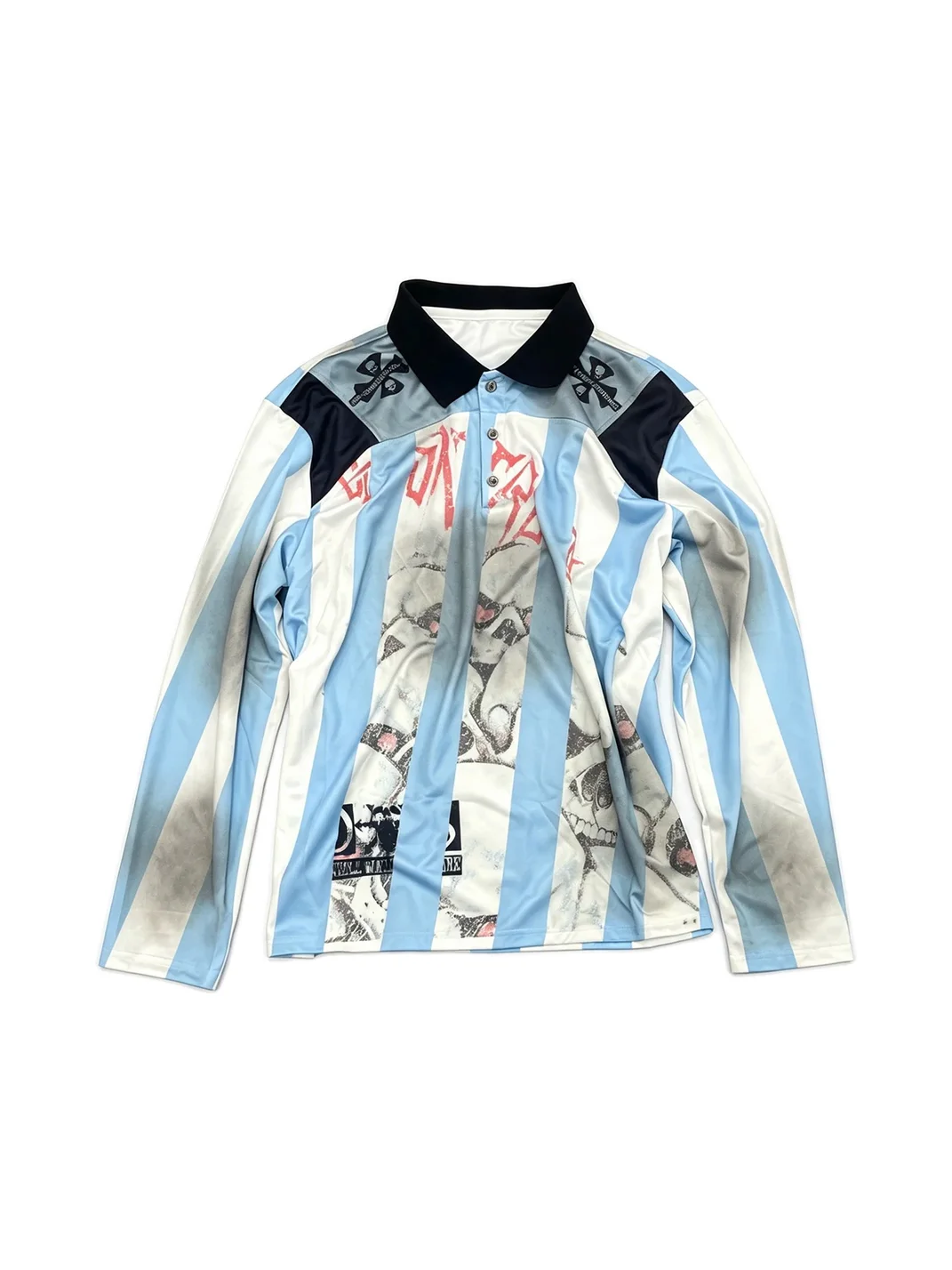 LuuuCam | Skull Print Striped Long Sleeve Polo Shirt