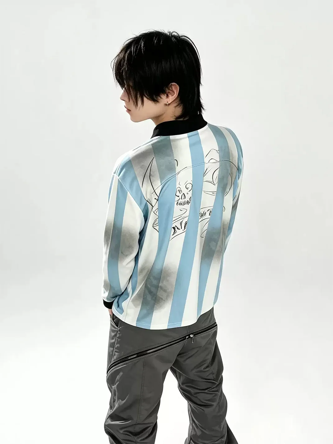 LuuuCam | Skull Print Striped Long Sleeve Polo Shirt