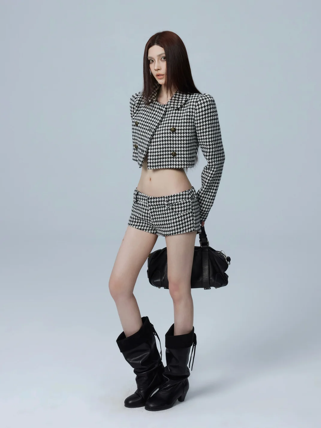 Common in 0120 | Houndstooth Cropped Jacket And Low-Rise Shorts Set
