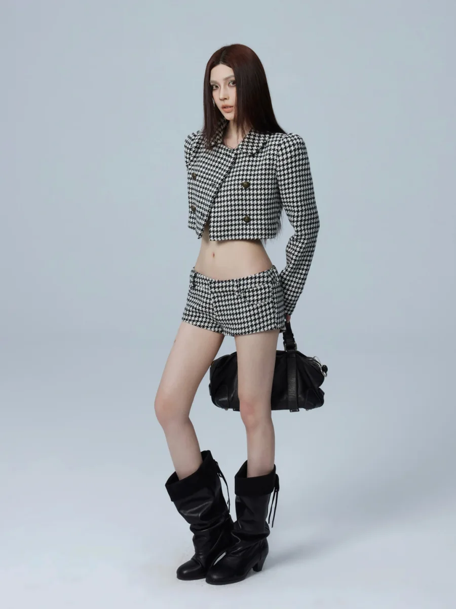 Common in 0120 | Houndstooth Cropped Jacket And Low-Rise Shorts Set - 4