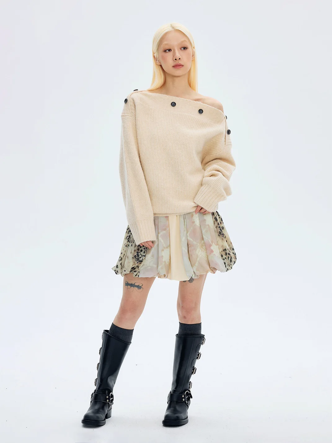 HORAHORA | Leopard Marble Print Patchwork Bubble Mini Skirt
