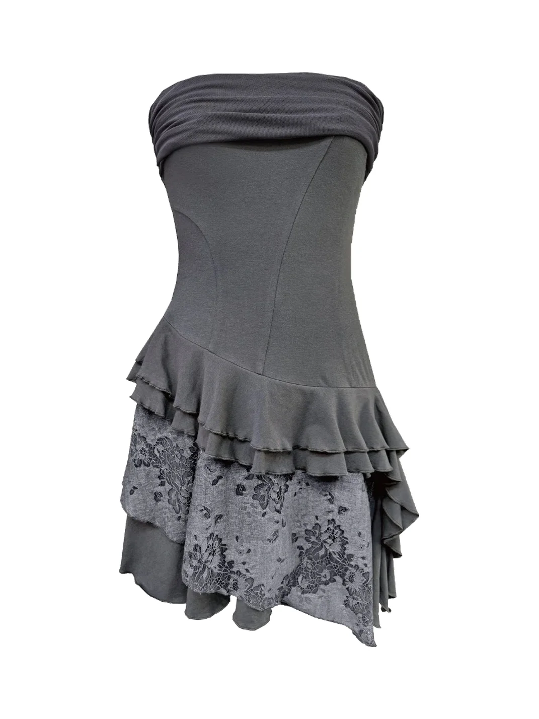SHAKEITSHAKE | Fitted Strapless Paneled Asymmetric Ruffle Hem Dress