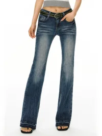 ARISEISM | Low-Rise Frayed Hem Washed Flared Jeans