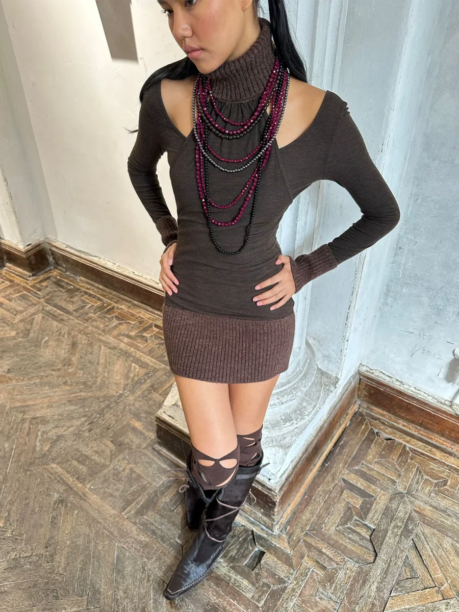 HOL!DAY | Layered Ribbed Turtleneck Long Sleeve Knit Dress - 2