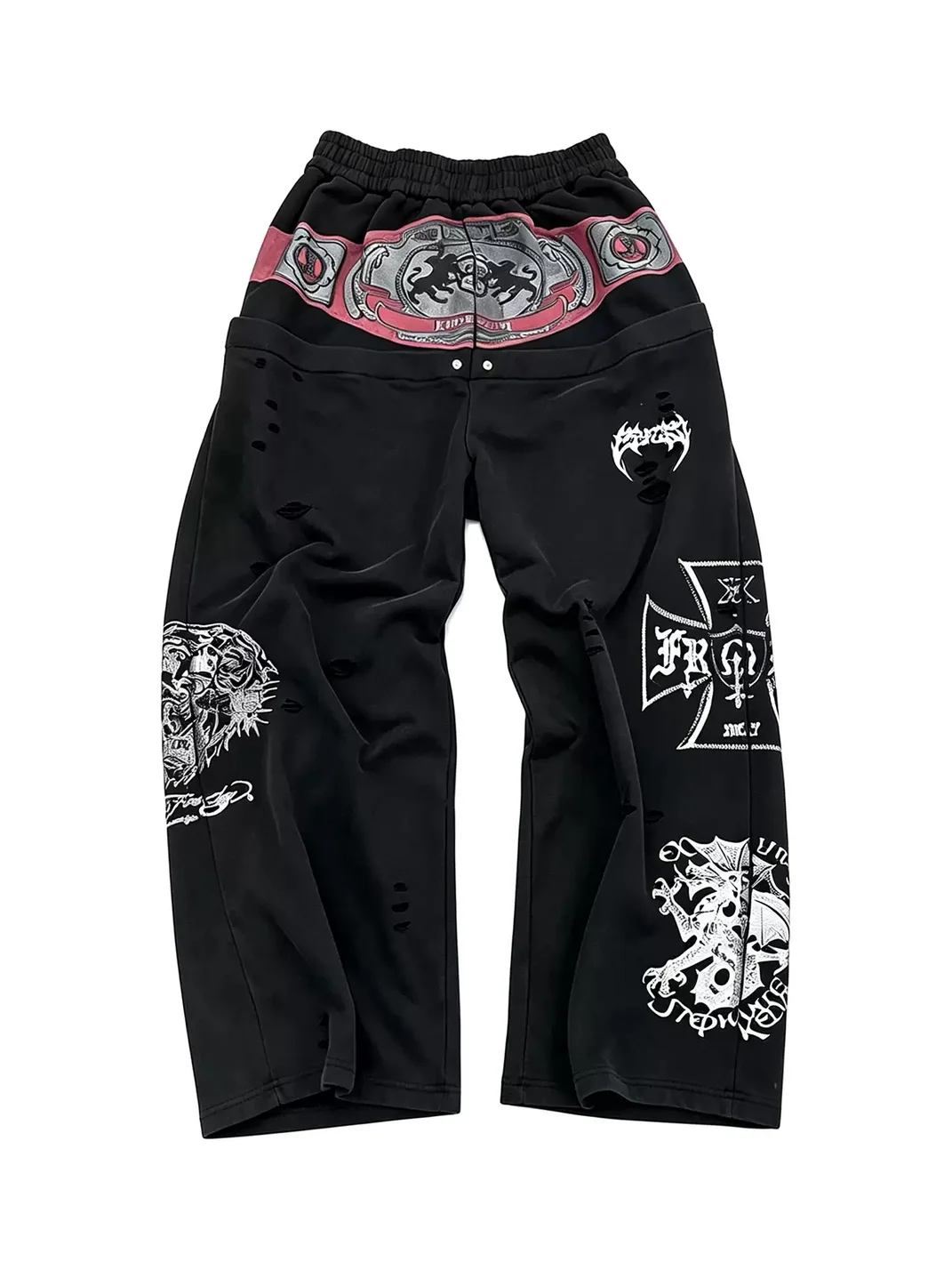 LuuuCam | Boxing Belt Print Distressed Wide Leg Sweatpants