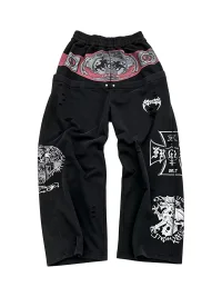 LuuuCam | Boxing Belt Print Distressed Wide Leg Sweatpants