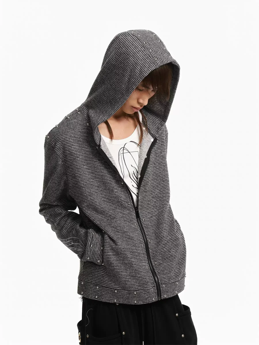 Rebrllion | Striped Studded Star Script Zip-Up Hoodie - 2
