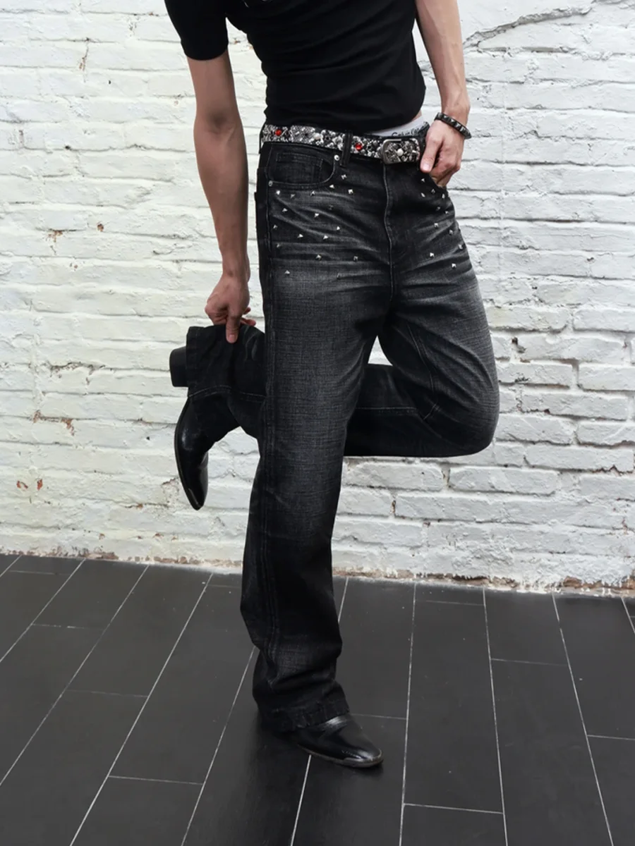 Rebrllion | Distressed Whiskered Studded Cross Skinny Jeans - 2