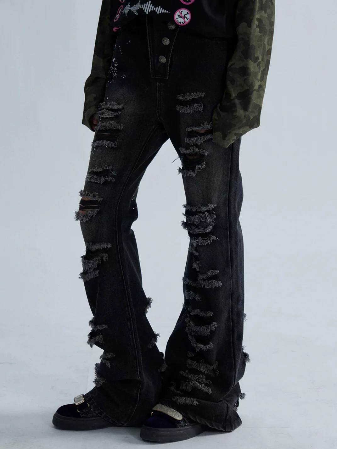 PAIKI | Rhinestone Distressed Asymmetric Button Slight Flare Jeans