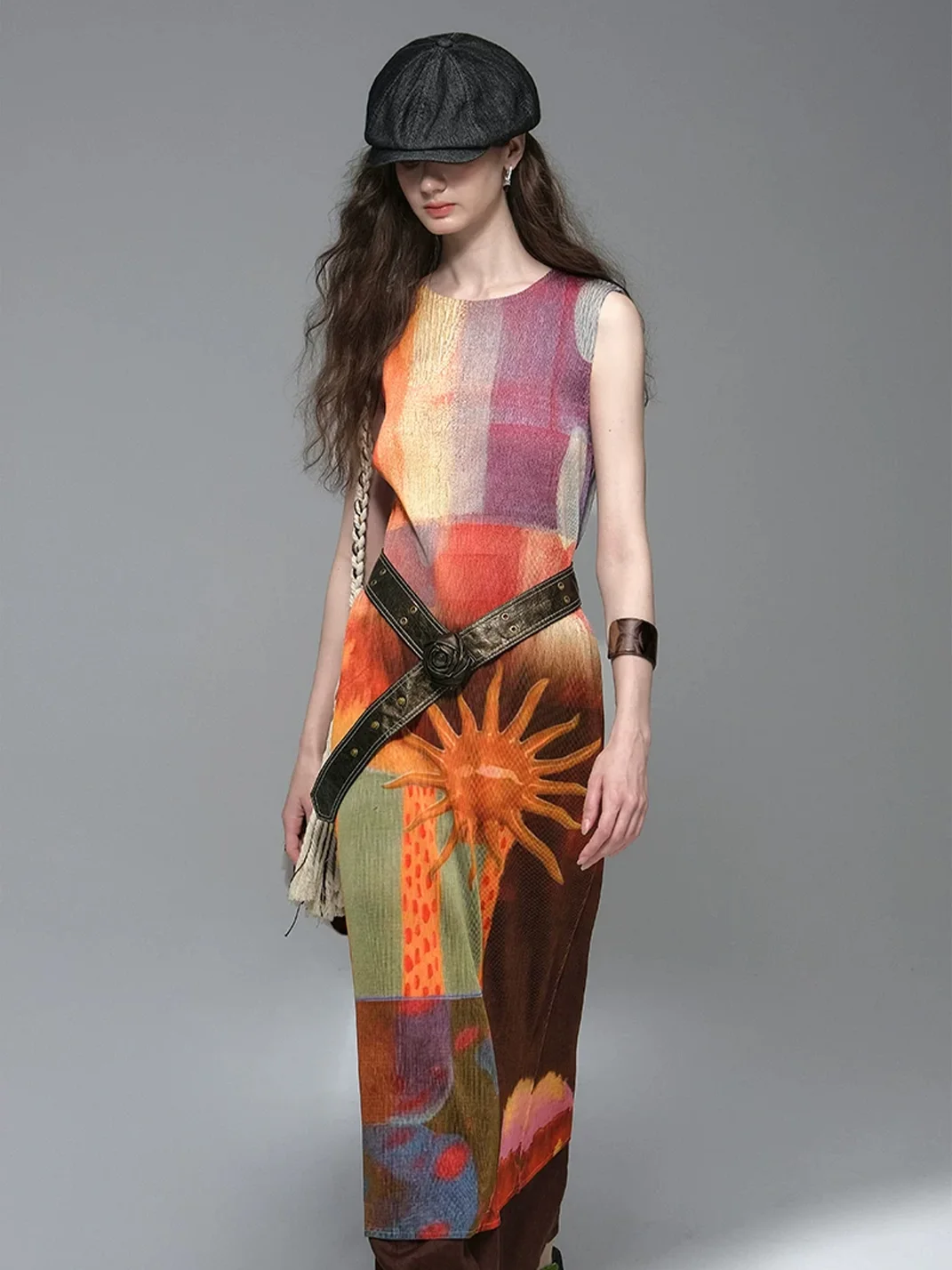 UNSOYAO OFFICE | Retro Print Pleated Dress With Belt
