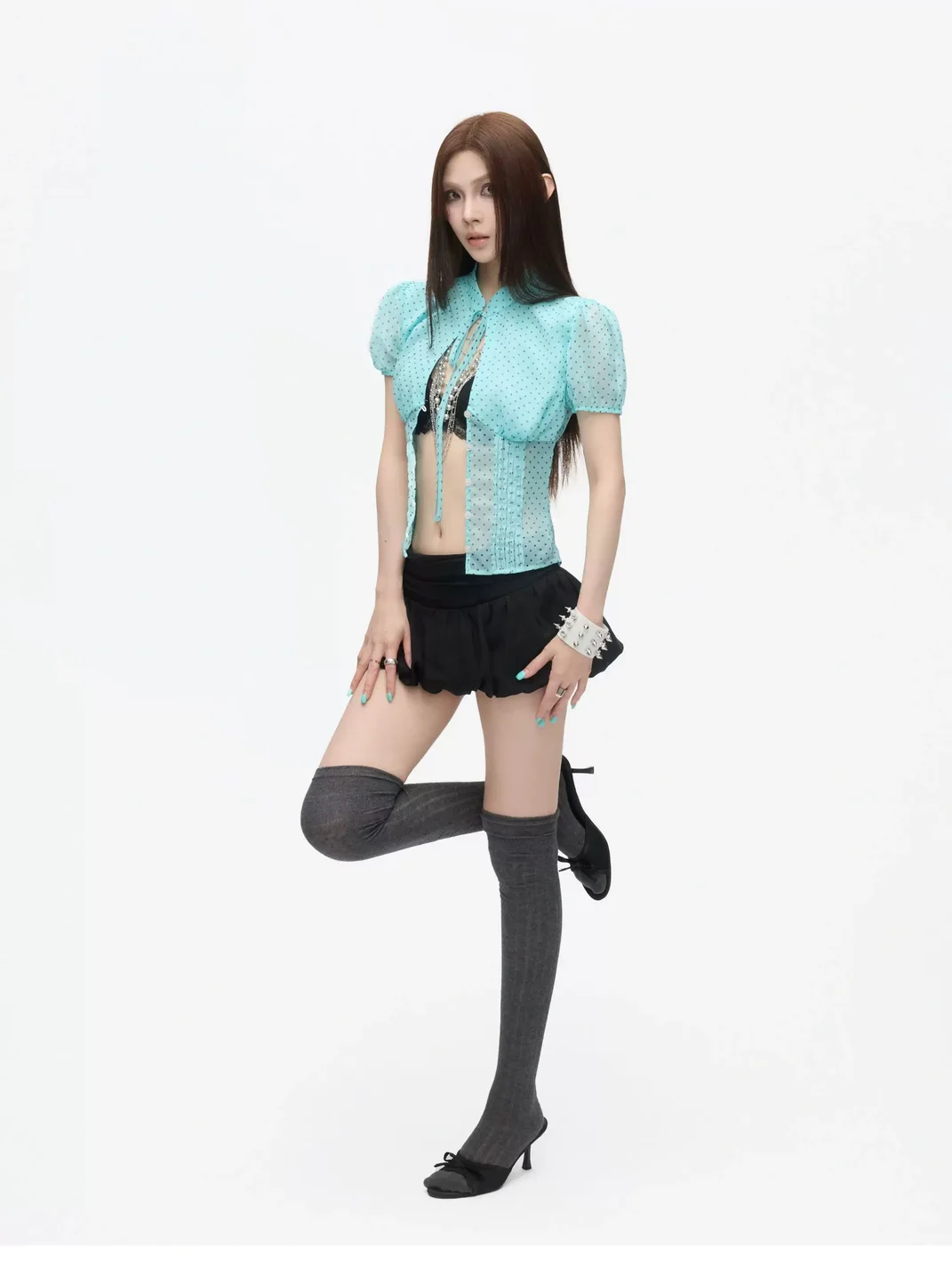 Common in 0120 | Polka Dot Tie-Neck Fitted Puff Sleeve Shirt