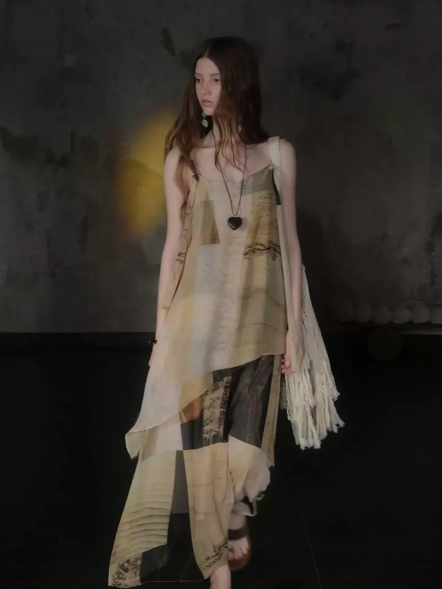 UNSOYAO OFFICE | Double-Layer Oil Painting Print Spaghetti Strap Dress - 3