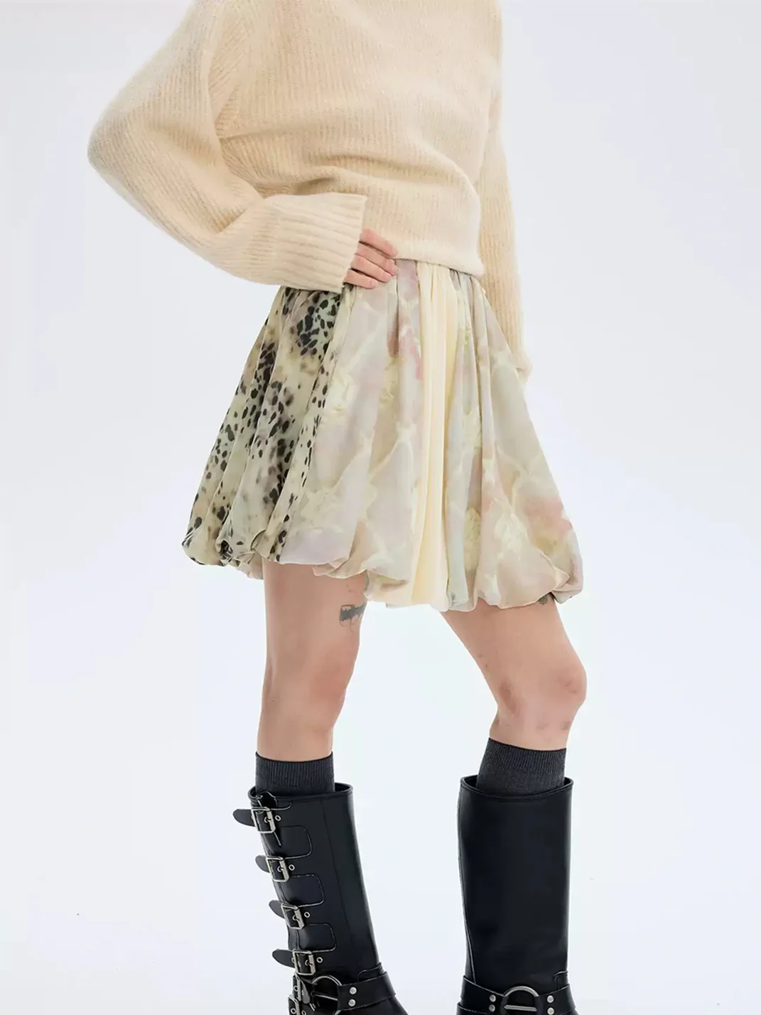 HORAHORA | Leopard Marble Print Patchwork Bubble Mini Skirt
