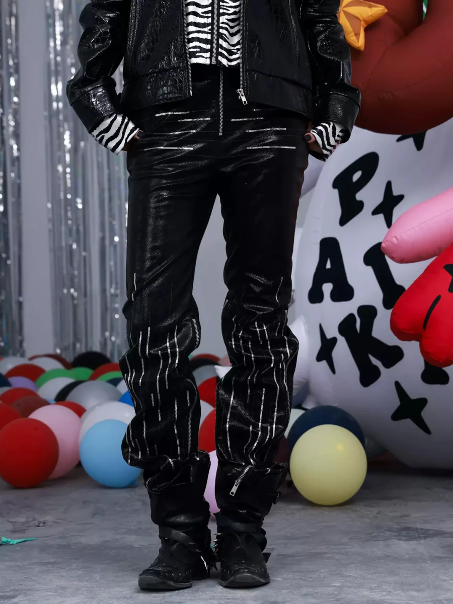 PAIKI | Sequin-Embroidered Slim-Fit Straight-Leg Faux Leather Pants - 2