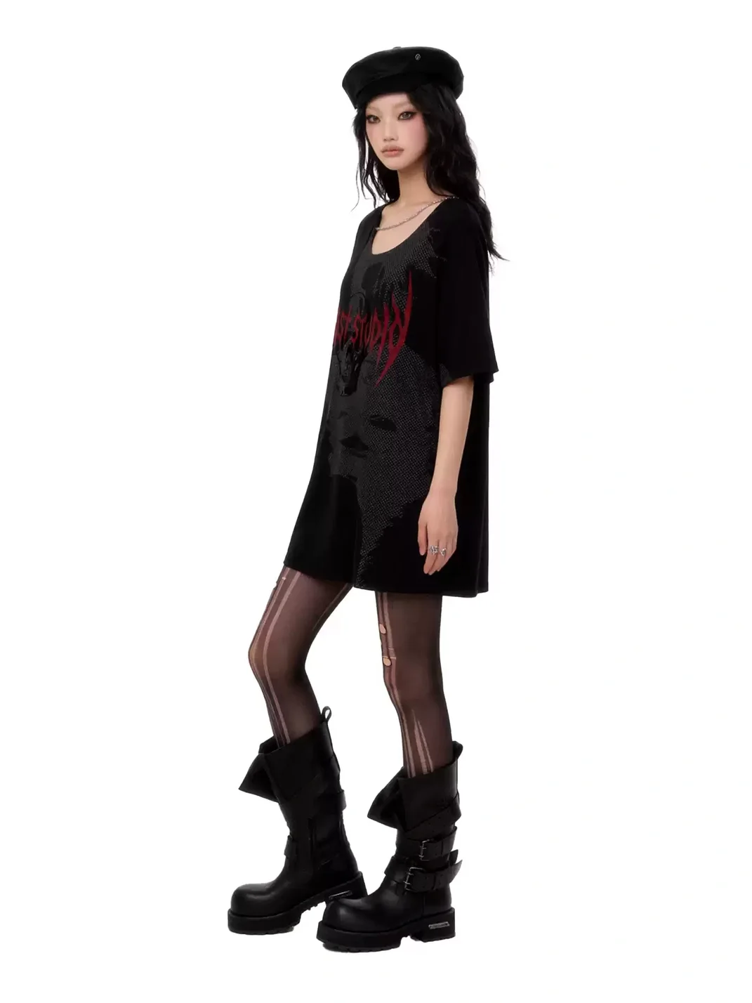 GOST | Oversized Chain Detail Silhouette Print Short-Sleeve Dress