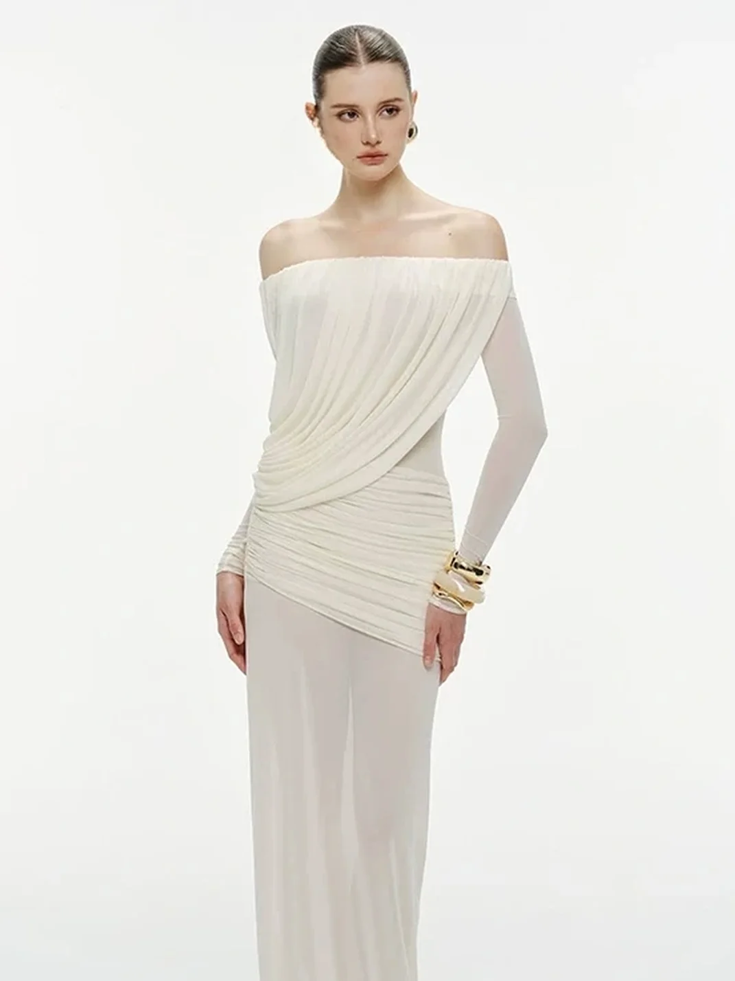 GDNH | Off-Shoulder Ruched Mesh Slim-Fit Maxi Dress