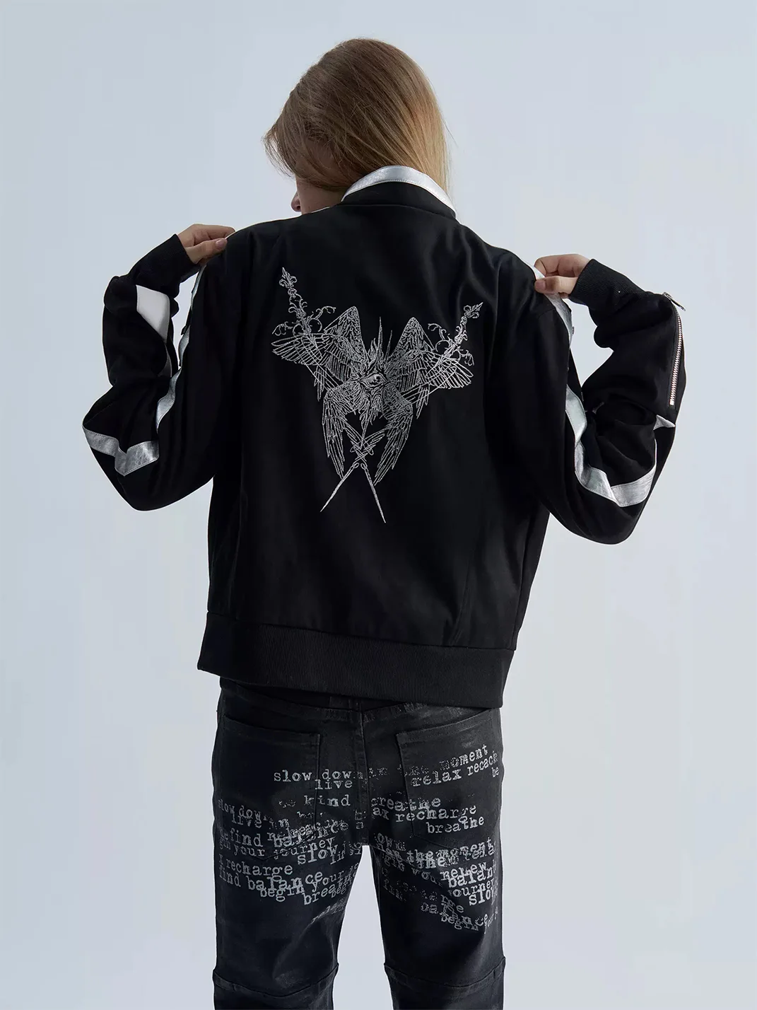 PAIKI | Slim-Fit Studded Wing Embroidered Stand-Collar Jacket