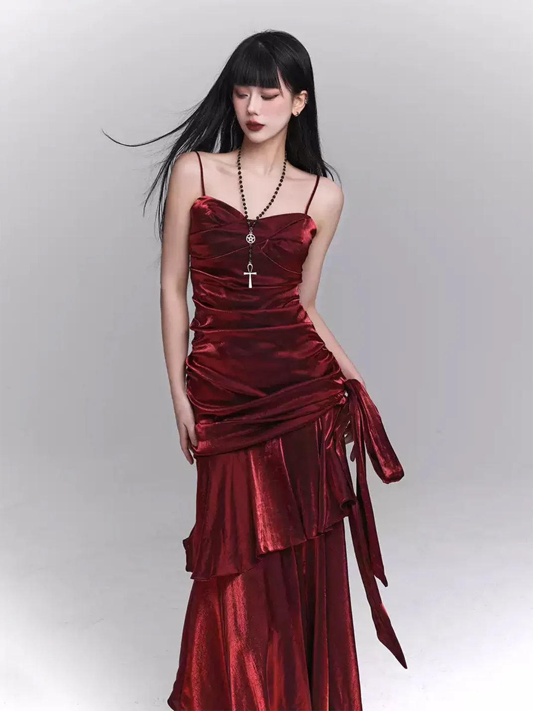 LADYGHOST | Dark Red Spaghetti Strap Maxi Dress