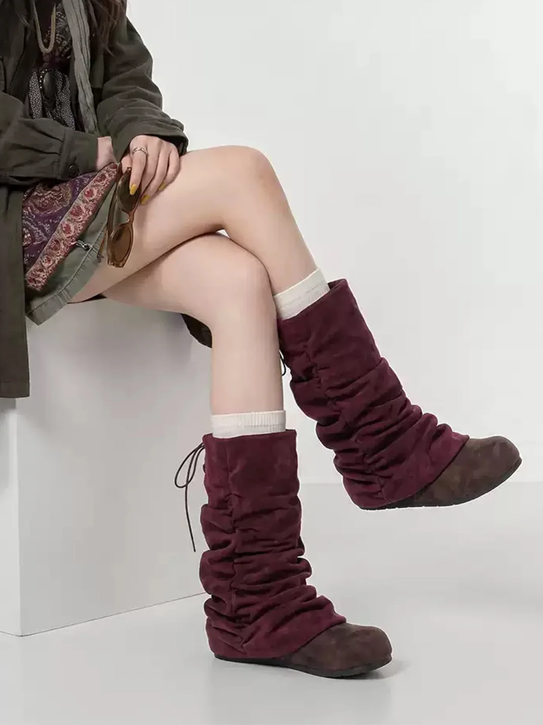 Mule Donkey | Purple Slouchy Mid-Calf Lace-Up Fringe Boots