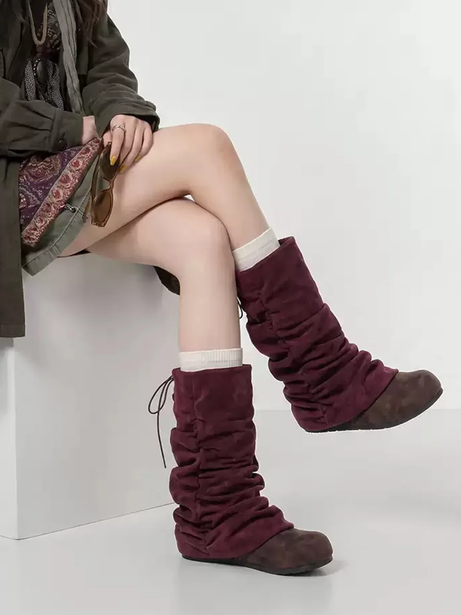 Mule Donkey | Purple Slouchy Mid-Calf Lace-Up Fringe Boots - 3