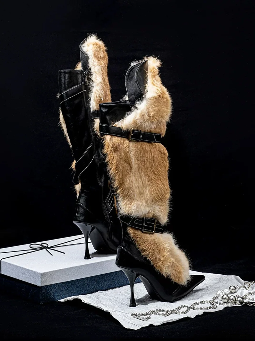 SISTER CURIE | Plush-Trim Pointed-Toe Stiletto Tall Boots