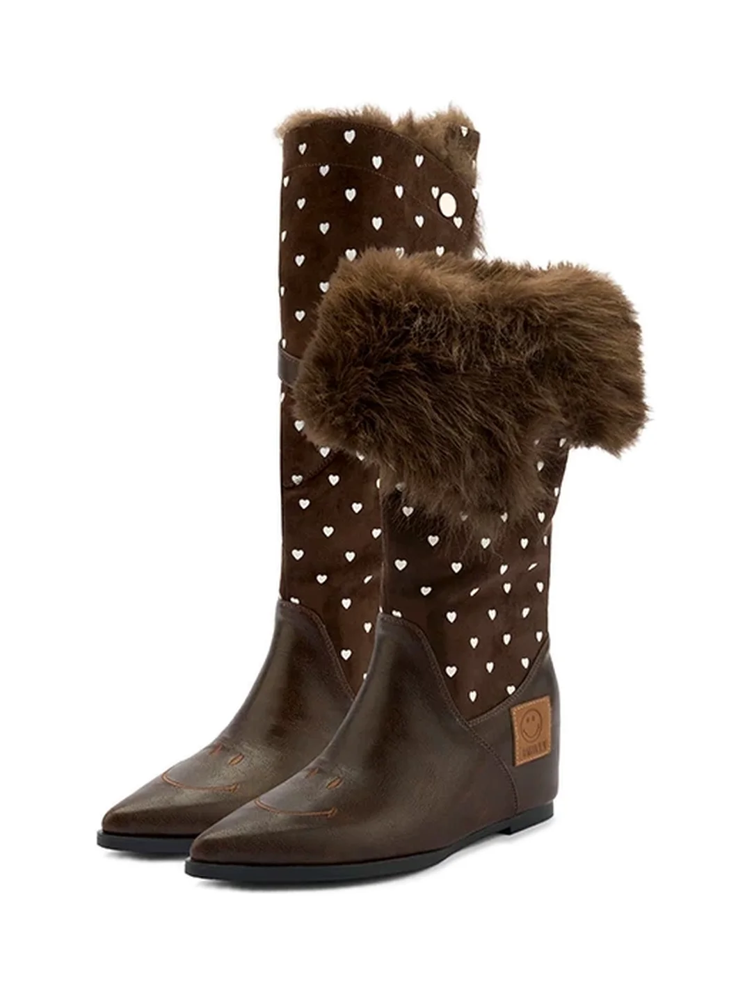 SMILEY | Heart Print Plush Cuff Hidden Wedge Boots