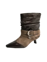 ZHUDAGE | Leather Buckle Slouchy Pointed-Toe Heeled Boots