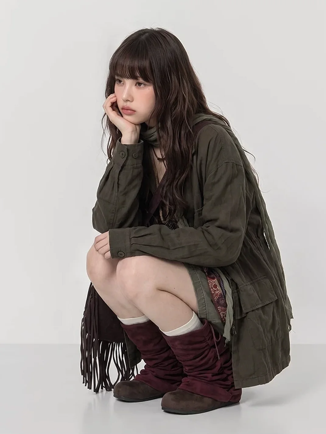 Mule Donkey | Purple Slouchy Mid-Calf Lace-Up Fringe Boots