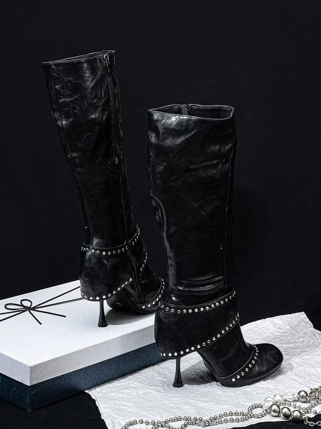 SISTER CURIE | Studded Round Toe Wide Shaft Stiletto Boots