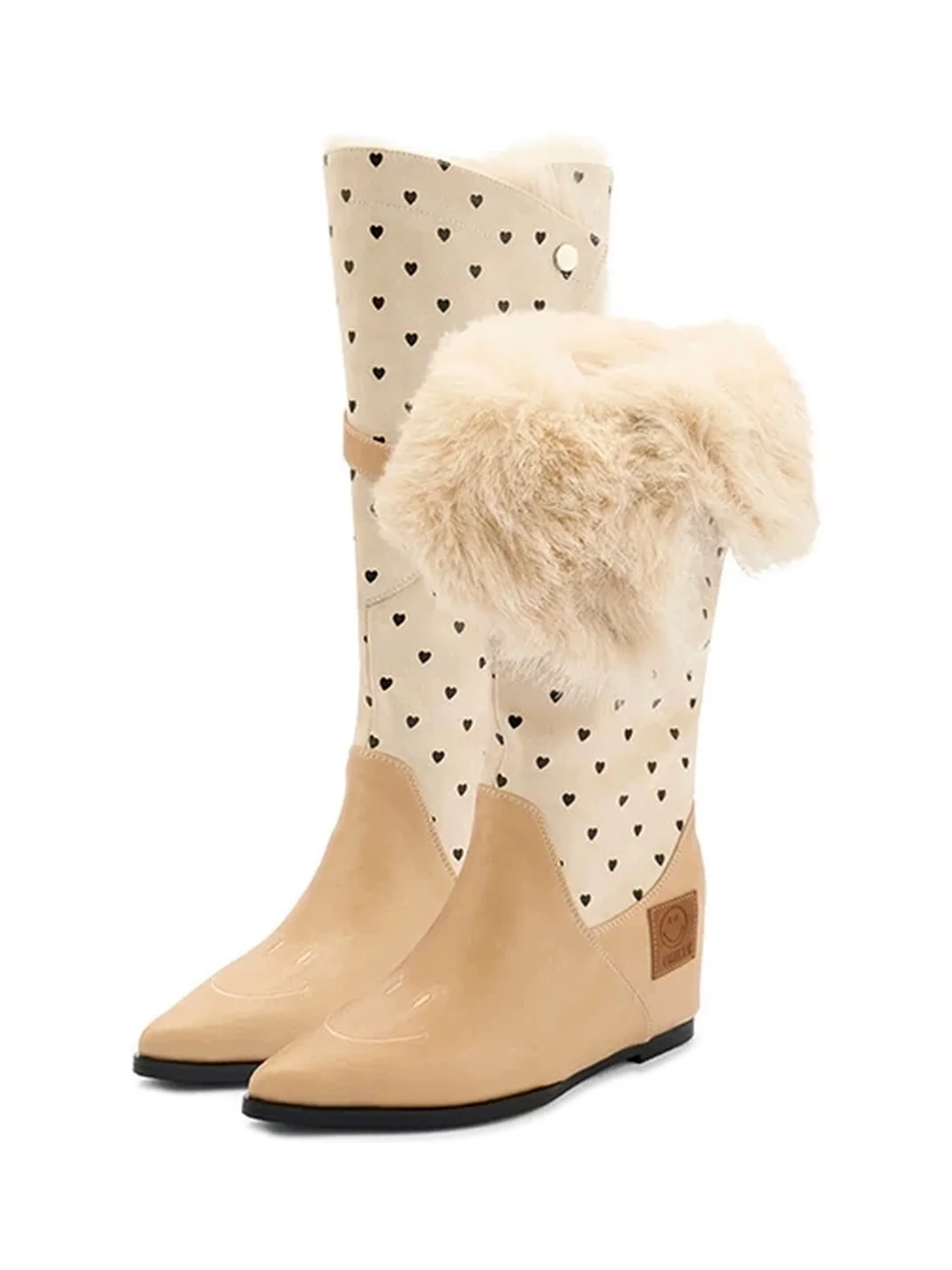 SMILEY | Heart Print Plush Cuff Hidden Wedge Boots