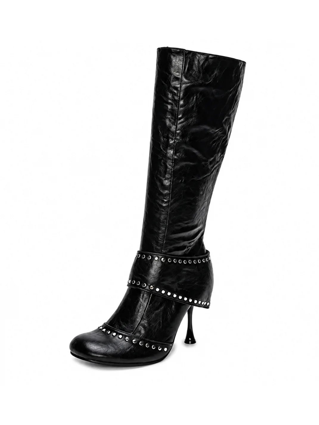 SISTER CURIE | Studded Round Toe Wide Shaft Stiletto Boots