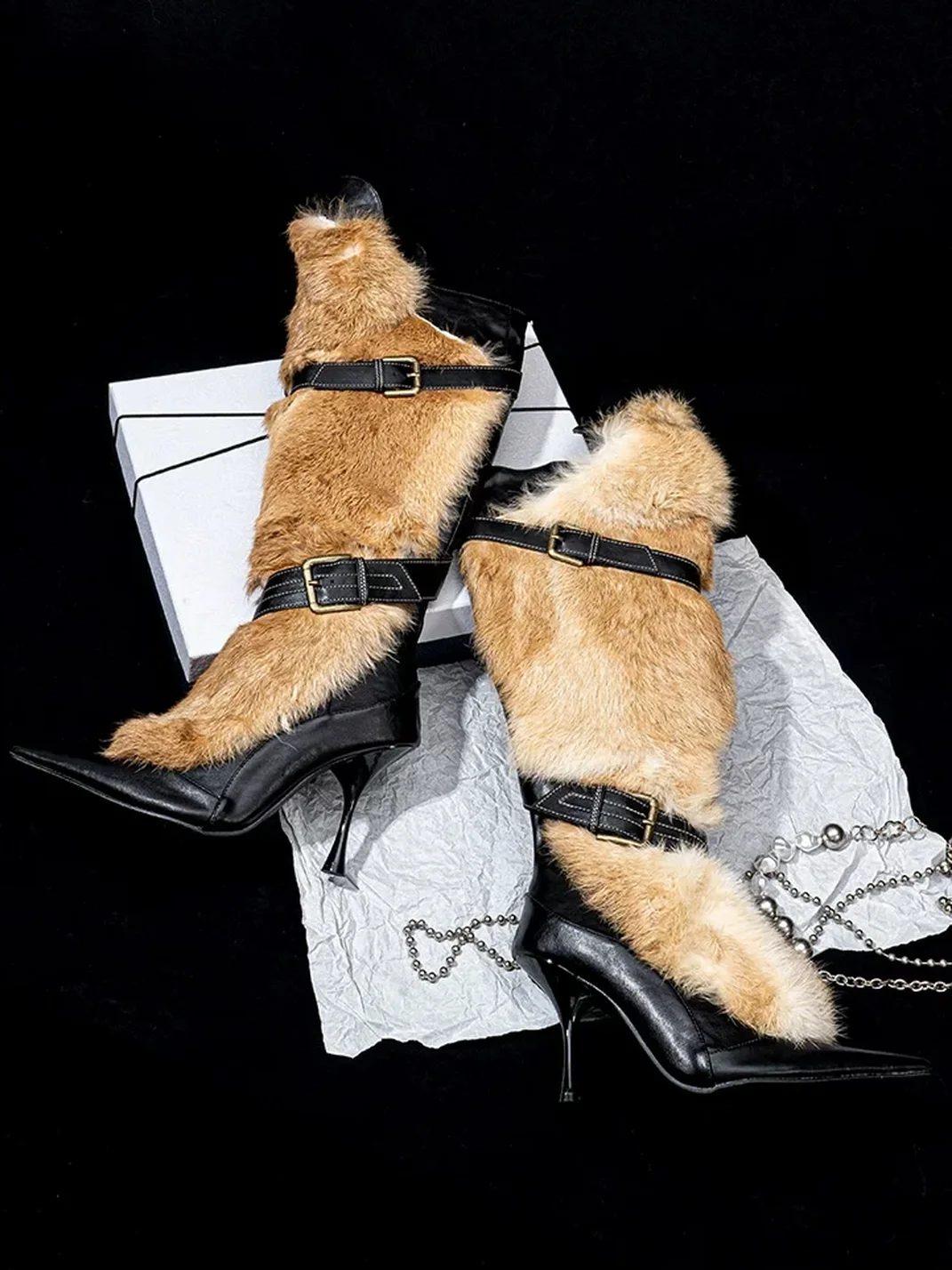 SISTER CURIE | Plush-Trim Pointed-Toe Stiletto Tall Boots