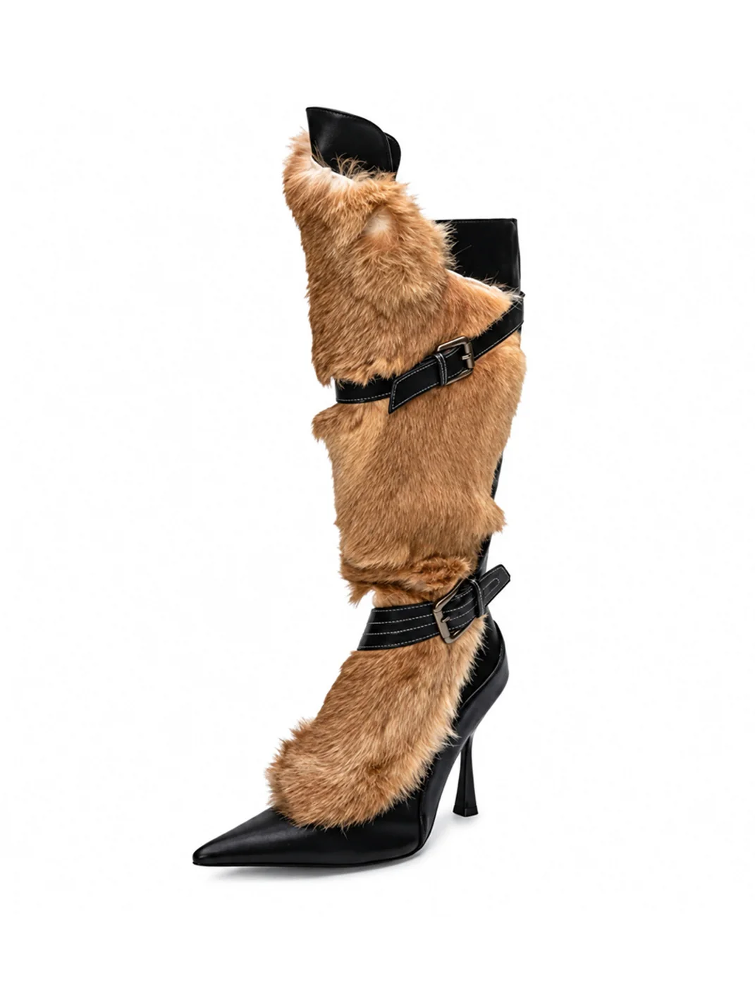 SISTER CURIE | Plush-Trim Pointed-Toe Stiletto Tall Boots
