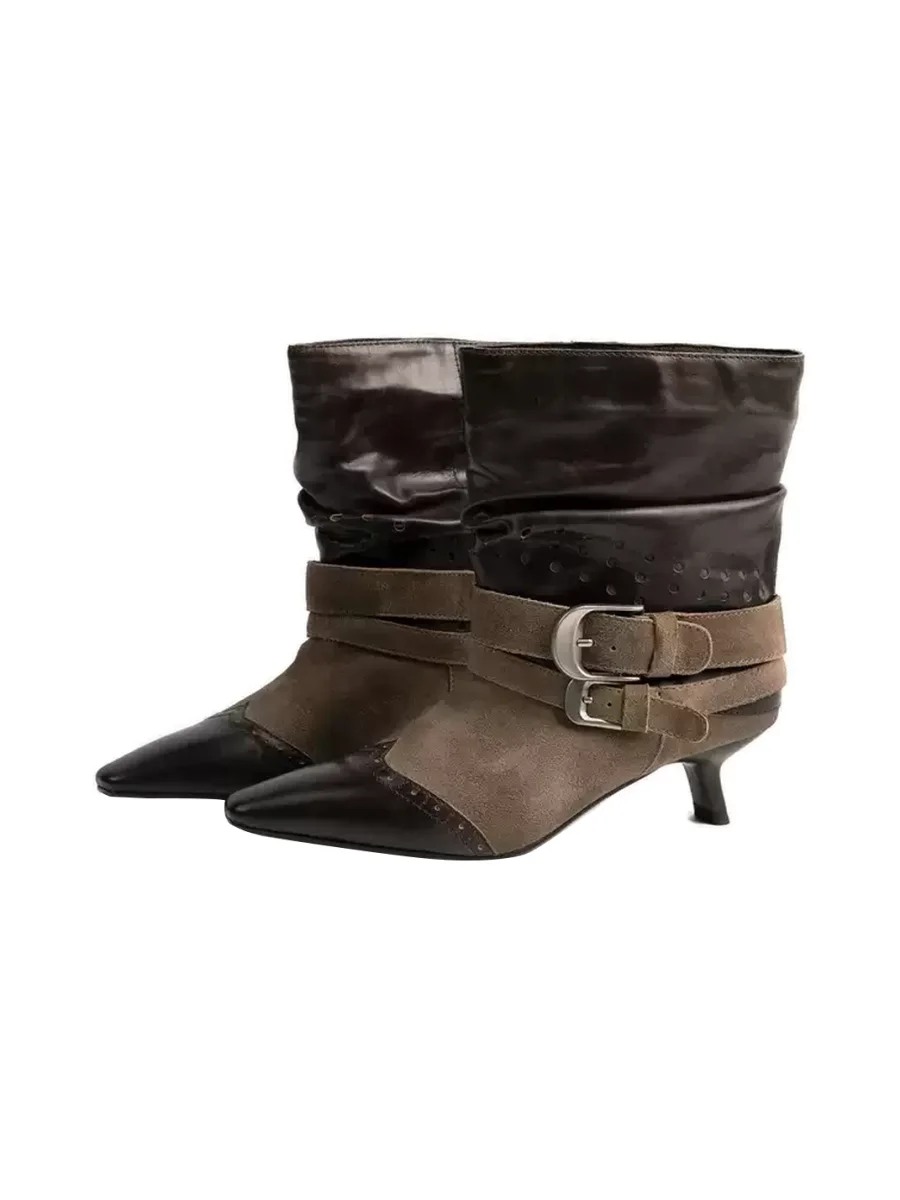 ZHUDAGE | Leather Buckle Slouchy Pointed-Toe Heeled Boots - 3