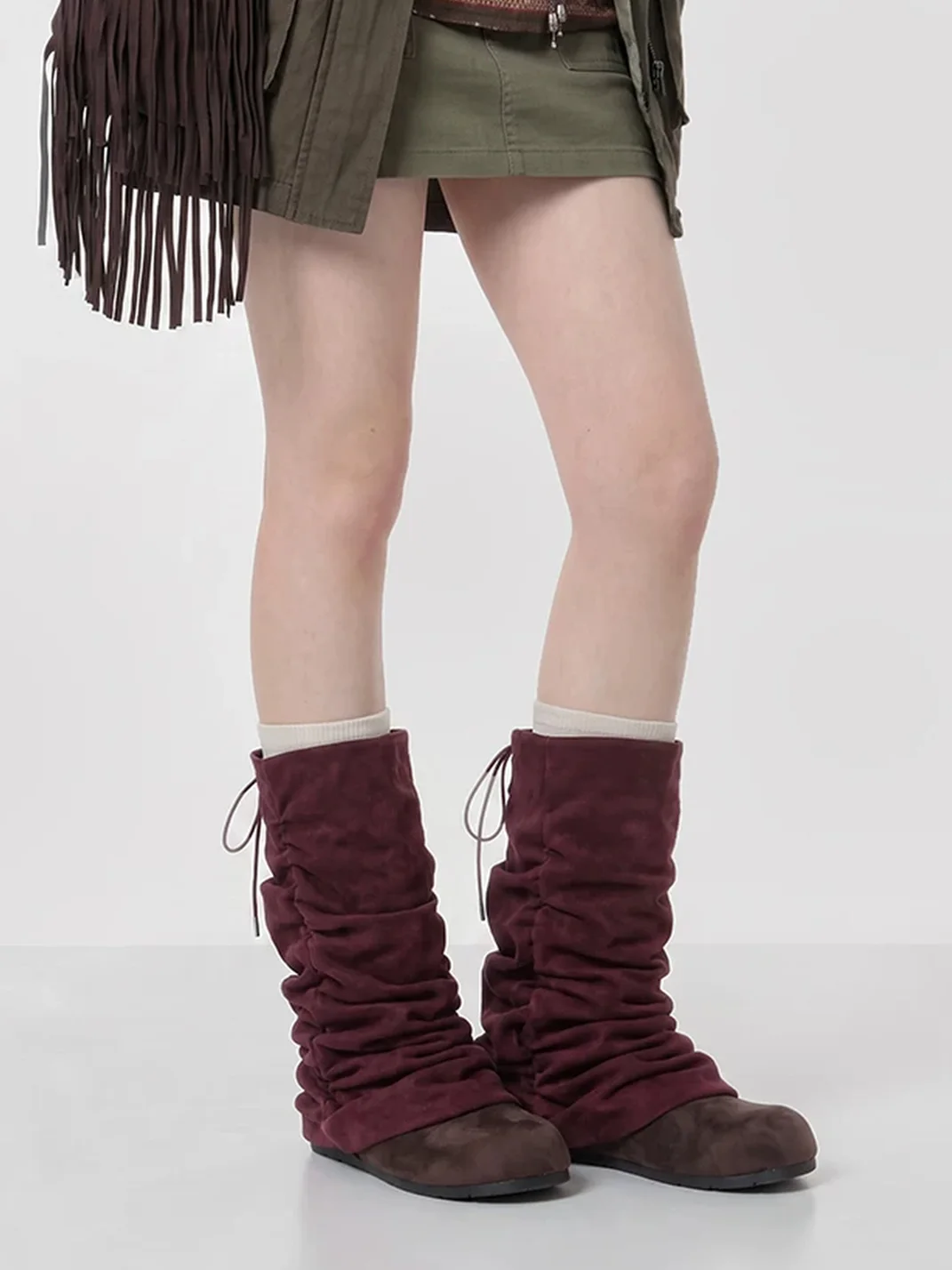 Mule Donkey | Purple Slouchy Mid-Calf Lace-Up Fringe Boots