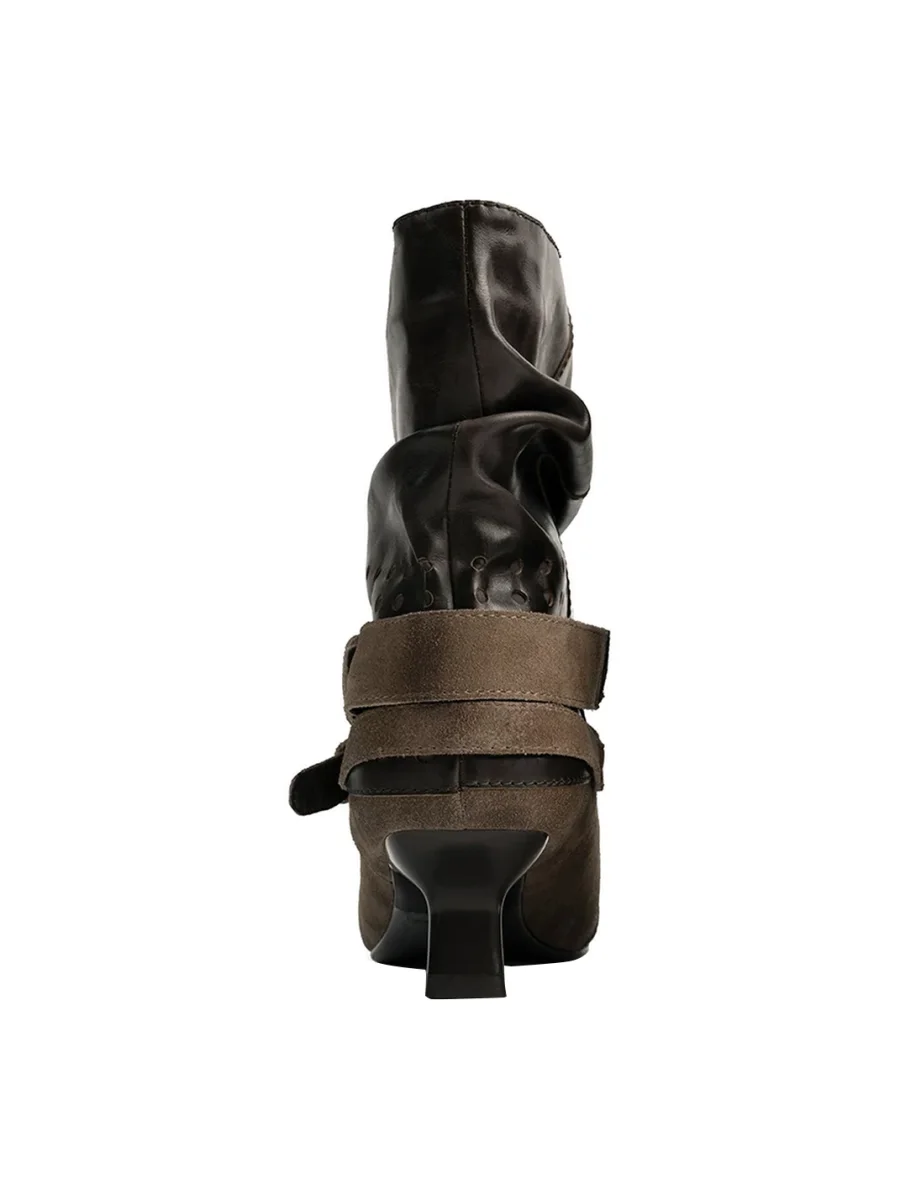 ZHUDAGE | Leather Buckle Slouchy Pointed-Toe Heeled Boots - 4