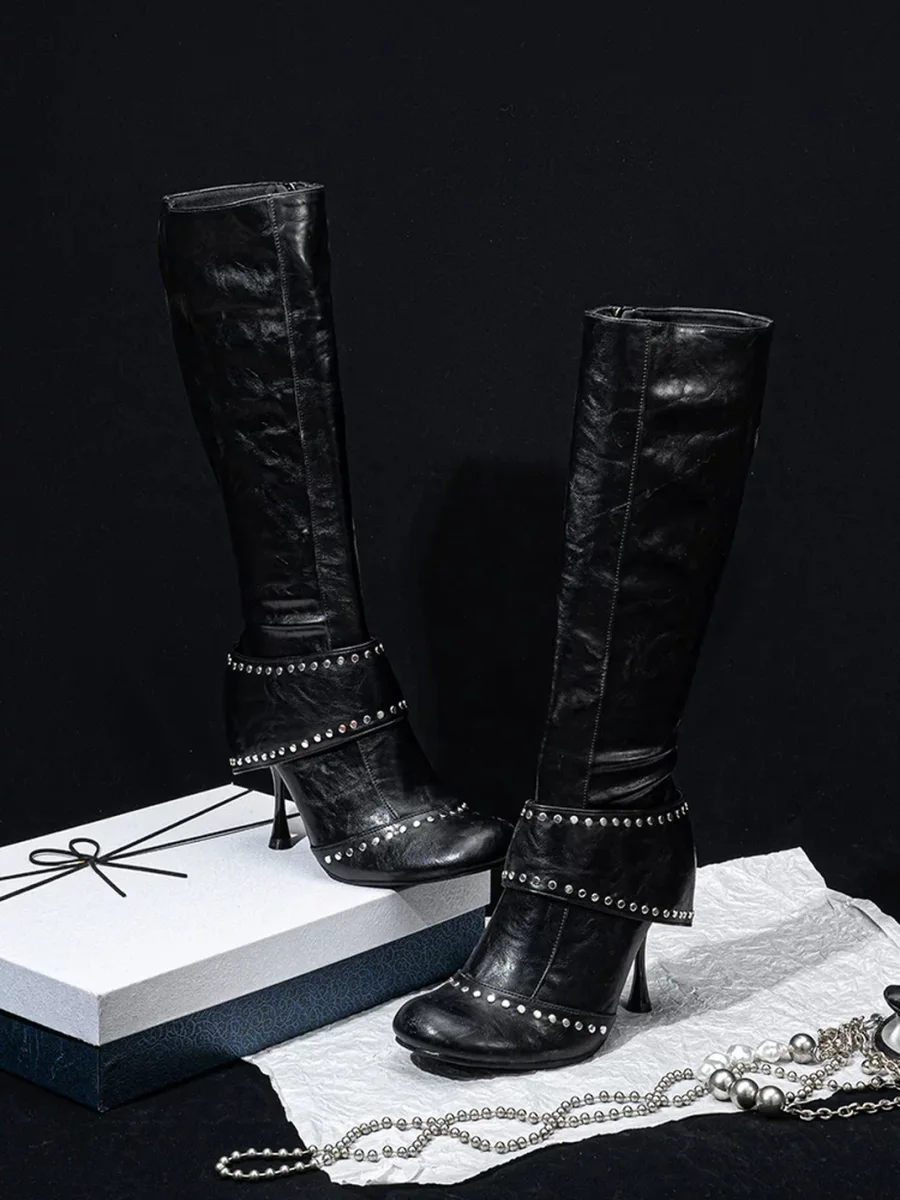 SISTER CURIE | Studded Round Toe Wide Shaft Stiletto Boots - 4
