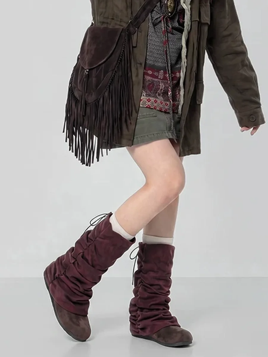 Mule Donkey | Purple Slouchy Mid-Calf Lace-Up Fringe Boots - 4