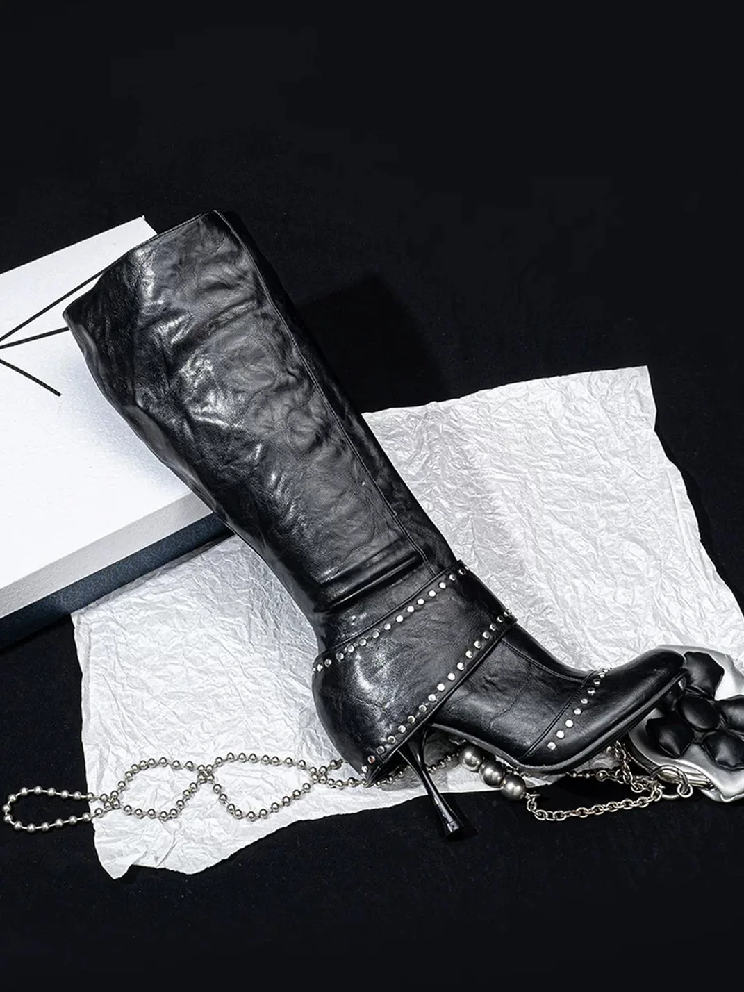 SISTER CURIE | Studded Round Toe Wide Shaft Stiletto Boots