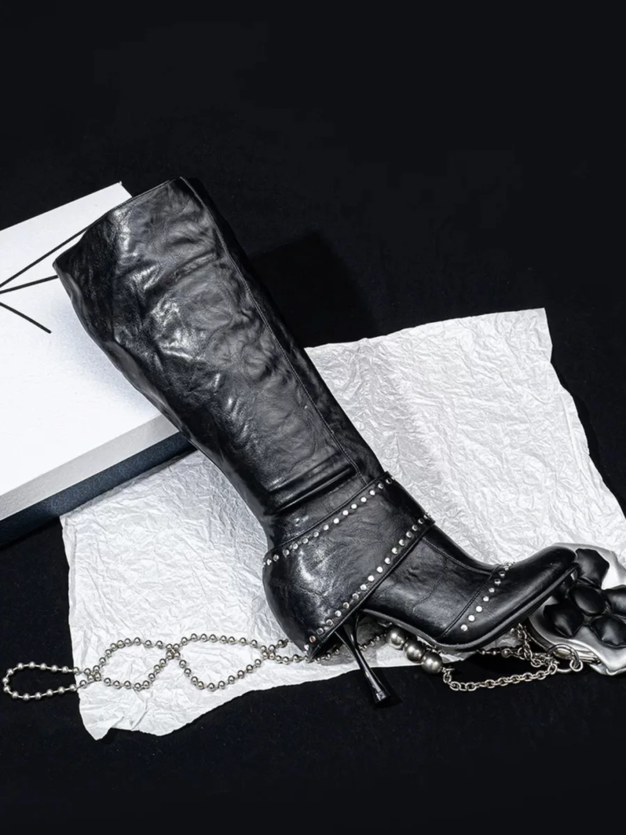 SISTER CURIE | Studded Round Toe Wide Shaft Stiletto Boots - 3