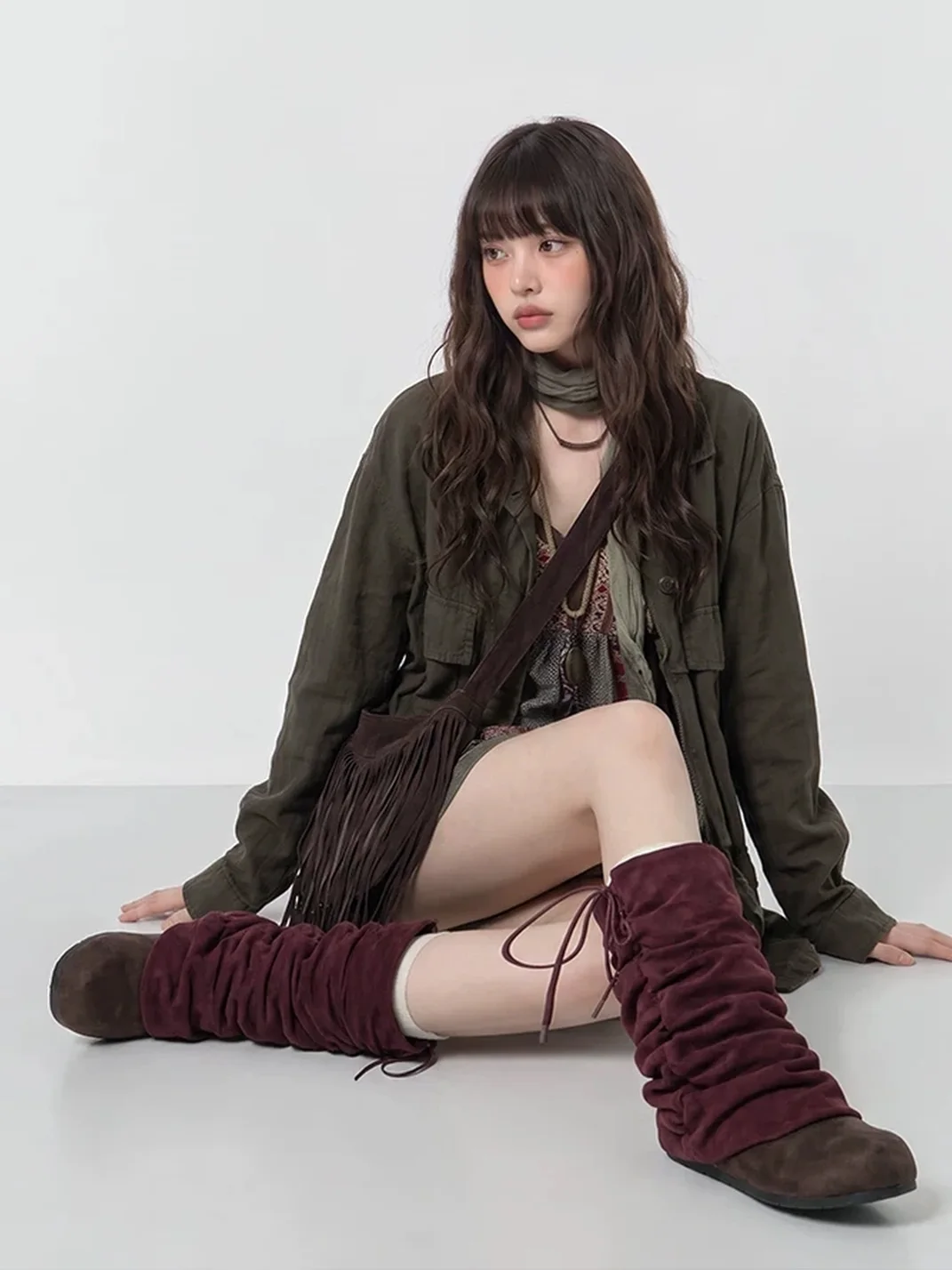Mule Donkey | Purple Slouchy Mid-Calf Lace-Up Fringe Boots