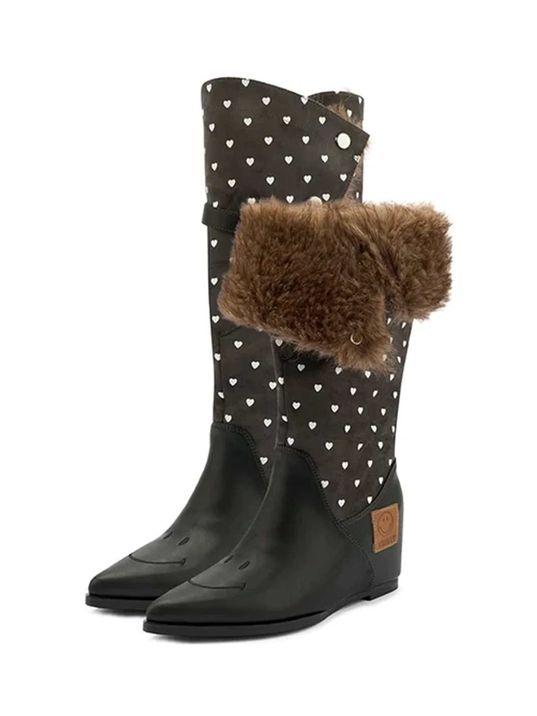 SMILEY | Heart Print Plush Cuff Hidden Wedge Boots