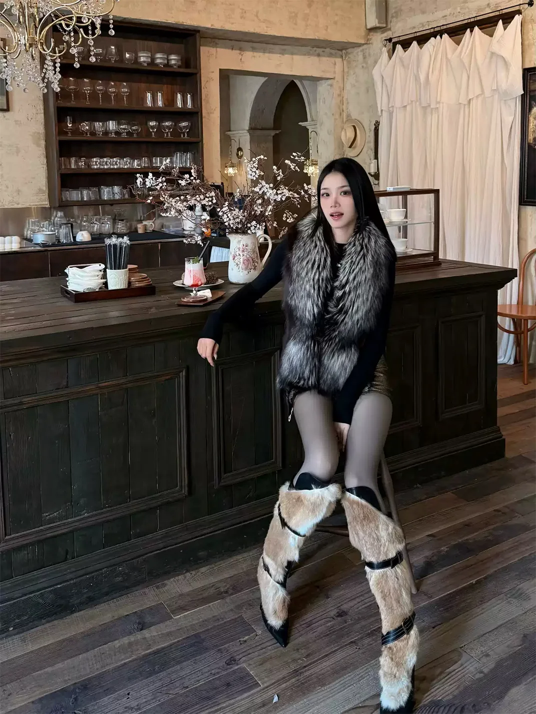 SISTER CURIE | Plush-Trim Pointed-Toe Stiletto Tall Boots