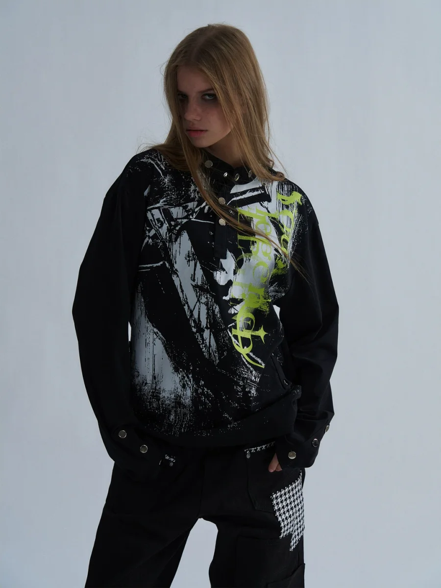 PAIKI | Studded Stand Collar Long Sleeve Printed Top - 2