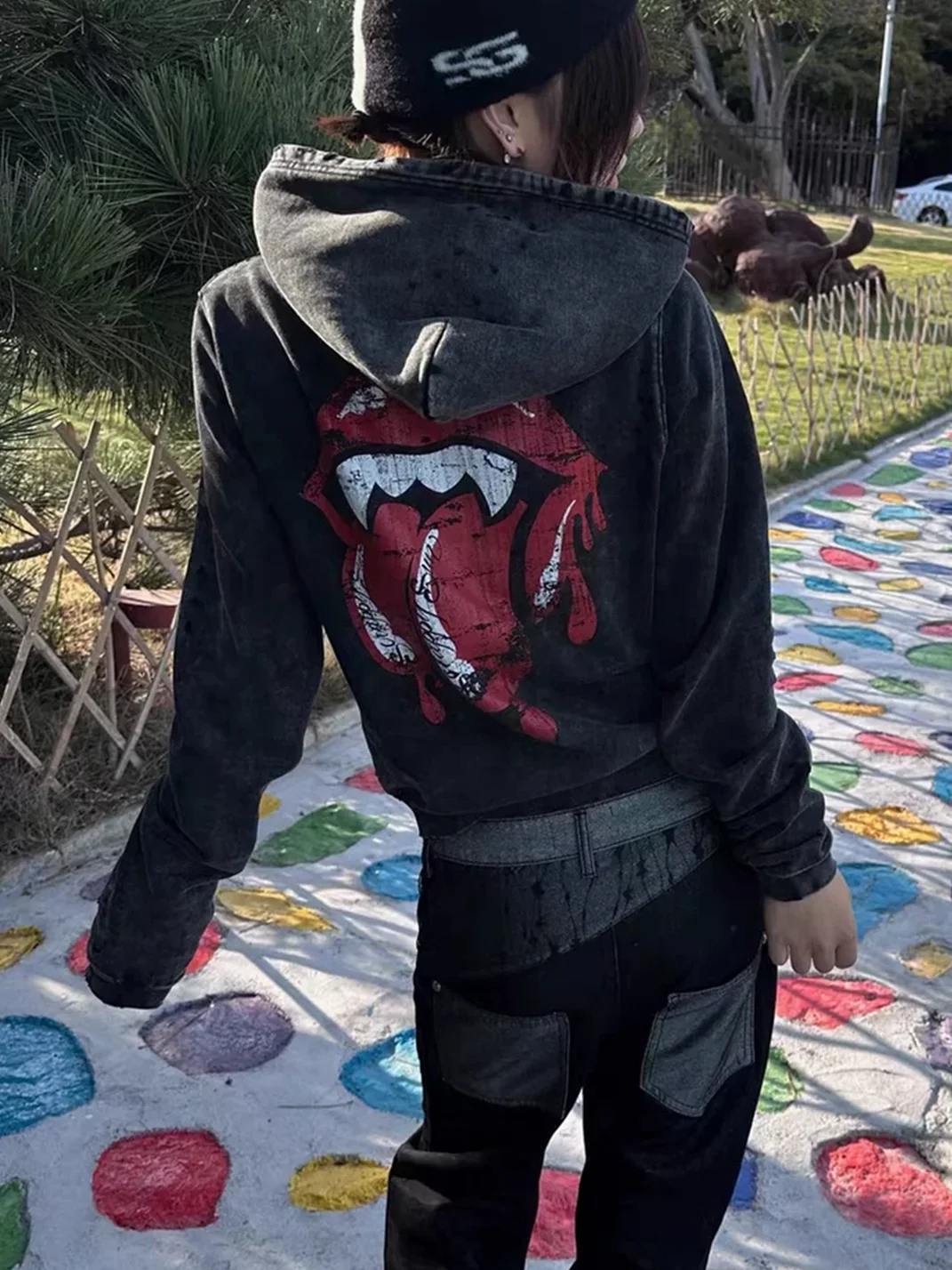THEWET | Washed Distressed Split-Tongue Graphic Hoodie