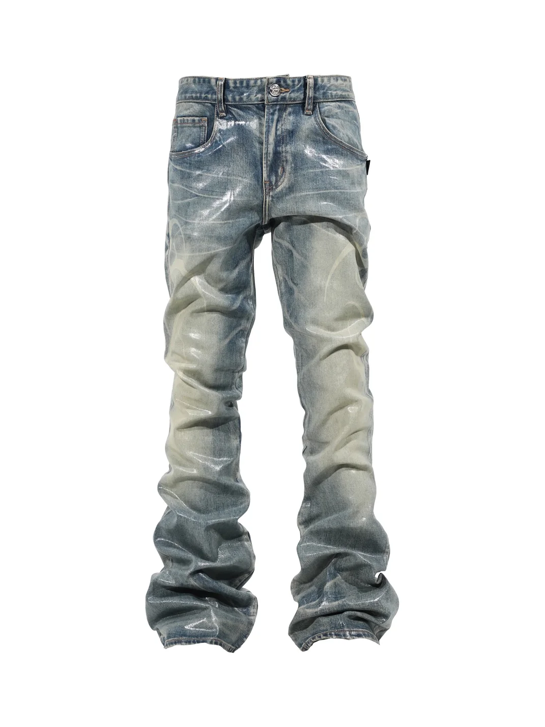 THEWET | Whiskered Coated Stretch Flared Jeans With Laser Motifs