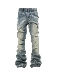 THEWET | Whiskered Coated Stretch Flared Jeans With Laser Motifs